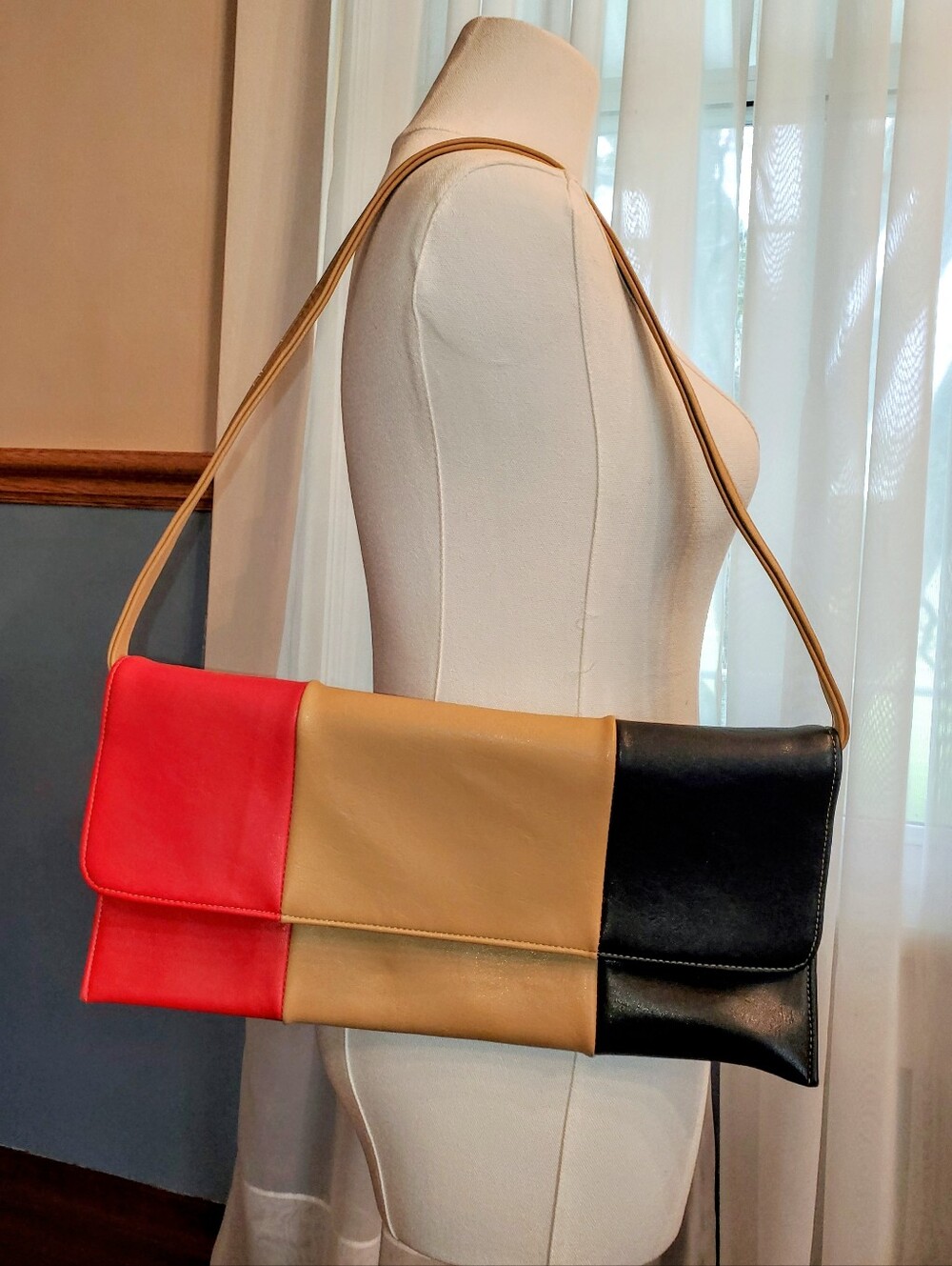 Vintage Color Block Faux Leather Rectangular Shoulder Bag- Red, Tan, Black